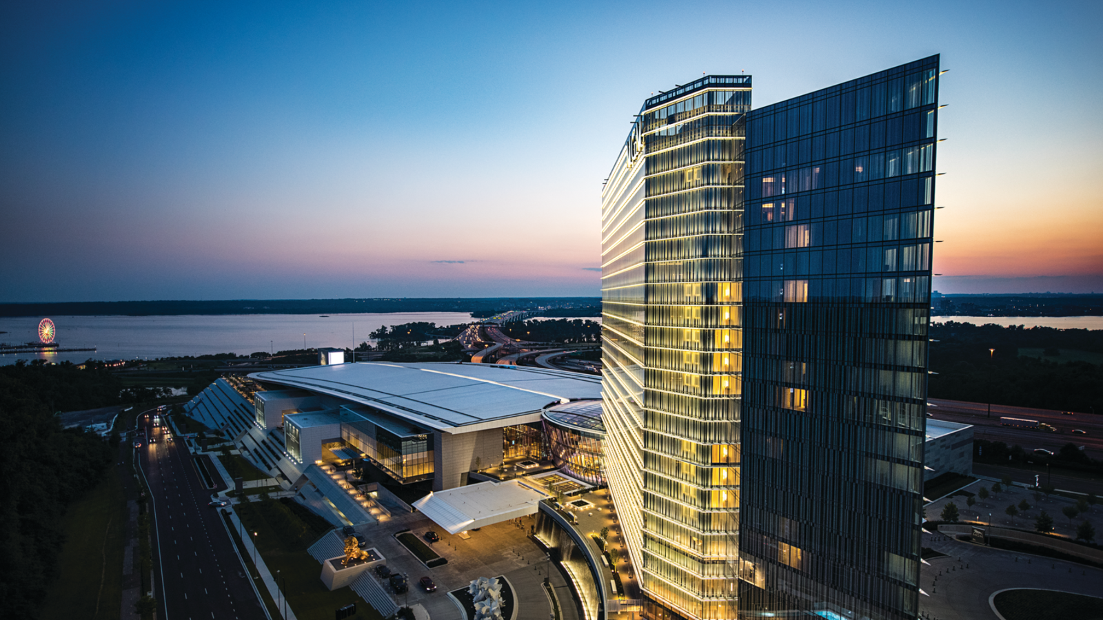 a large building with lights on