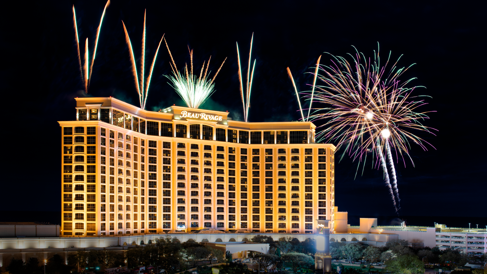 fireworks over a building
