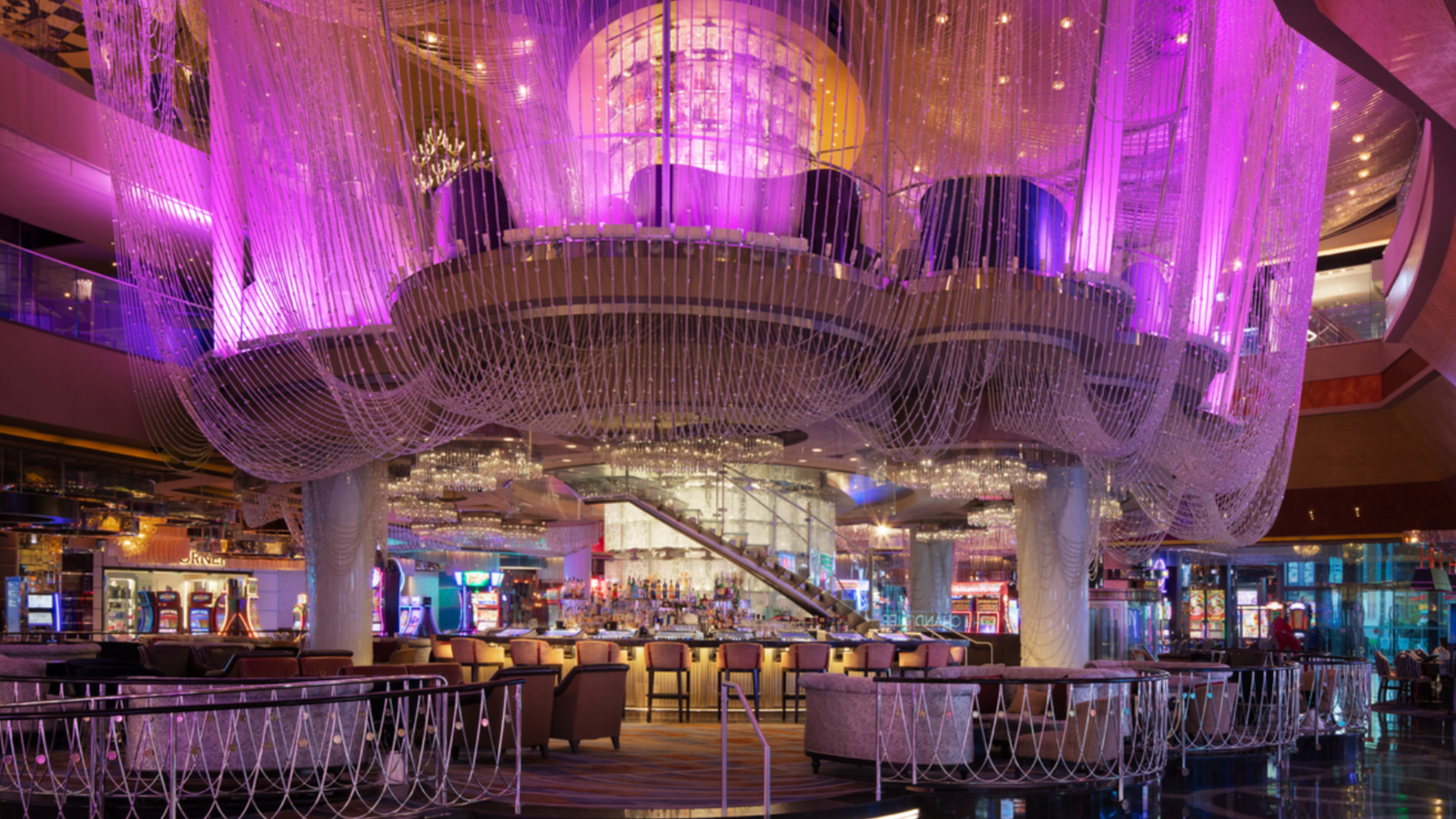 a large room with purple lights