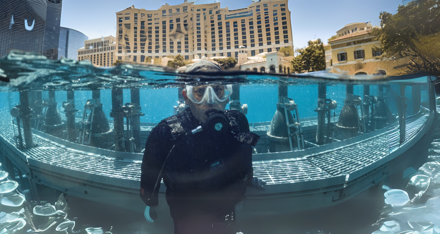 a person wearing goggles and diving mask under water
