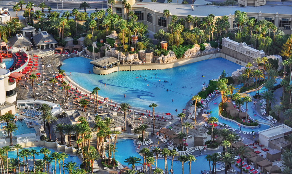 a swimming pool with palm trees and buildings