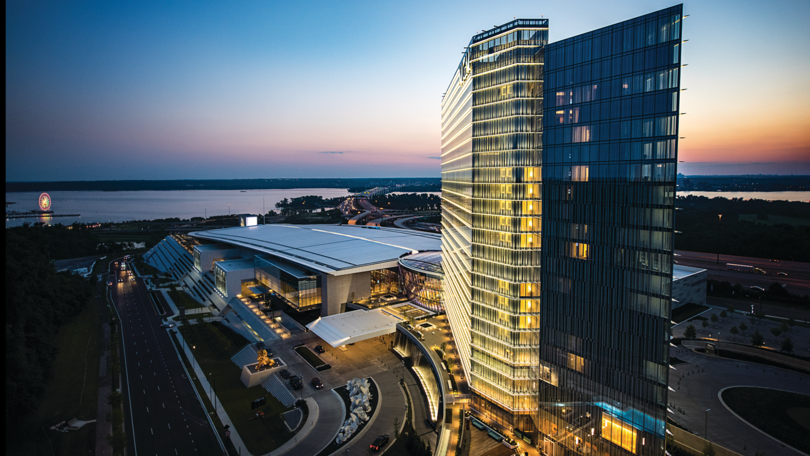 a large building with lights on