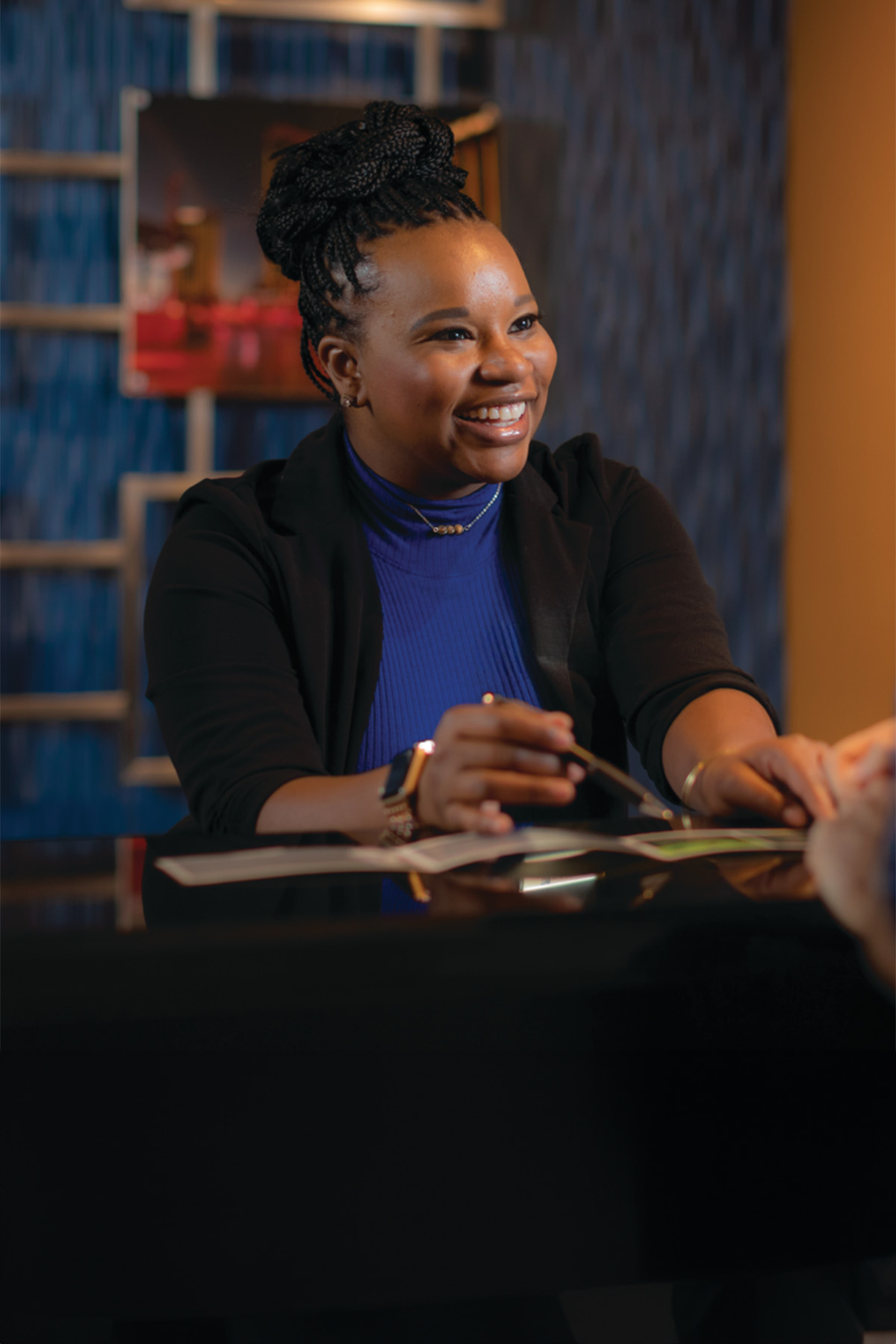 a person smiling at a person