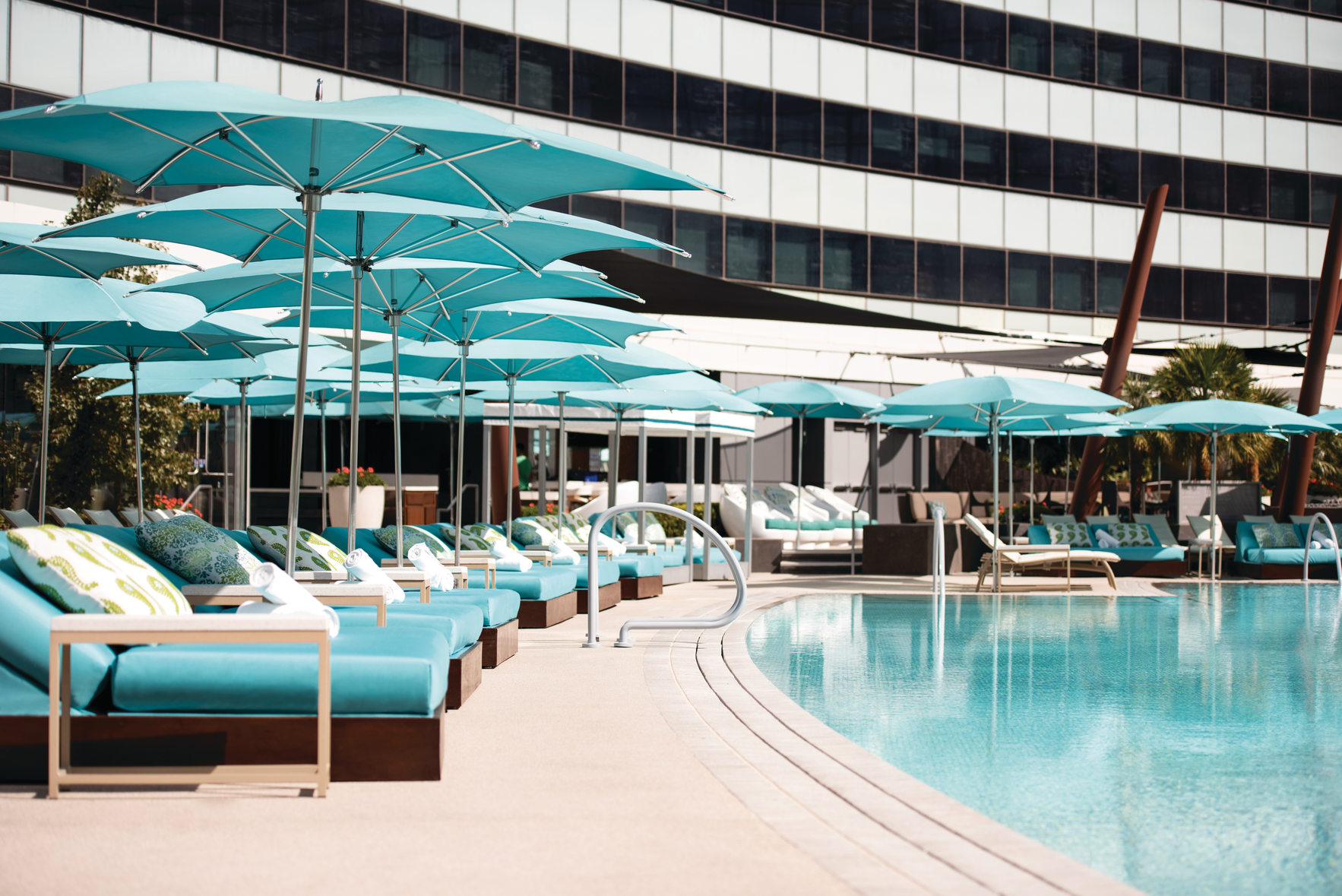 a pool with umbrellas and lounge chairs